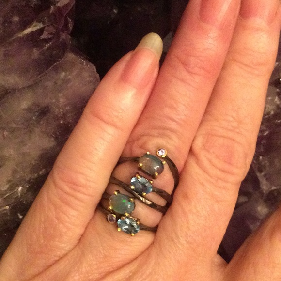 Genuine Opals & Blue Topaz Ring - Picture 9 of 14
